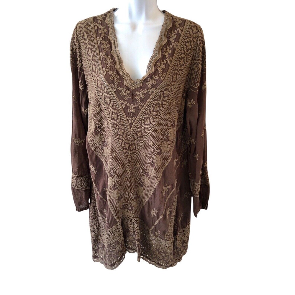 Johnny Was Women's Eyelet Lace V-Neck Floral Embroidered Tunic Top Brown